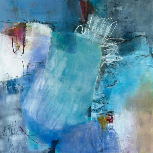 "Blue Chamber" Original painting 37X37X2.5 framed in walnut float frame