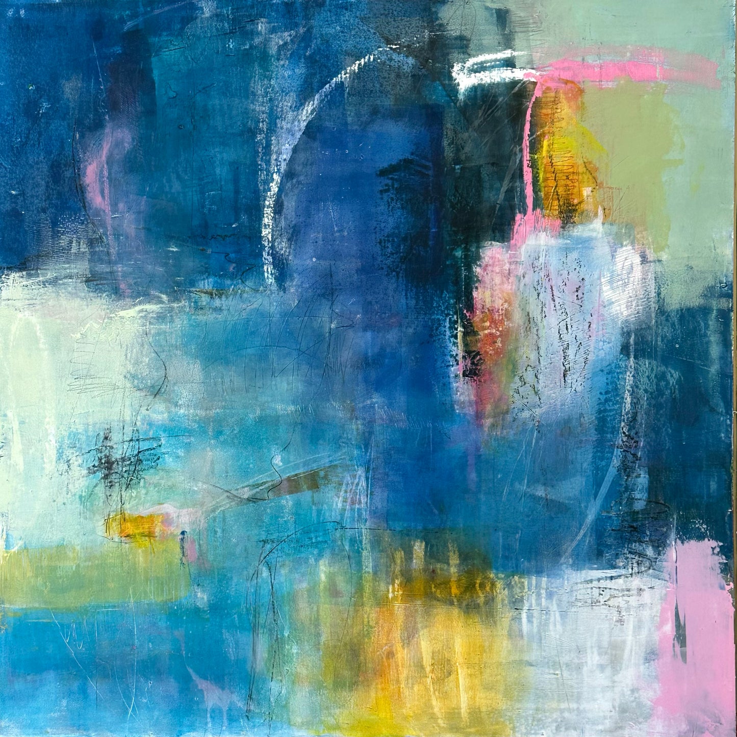 "Memory Beneath the Surface" Original painting 37X37X2.5 framed in walnut float frame