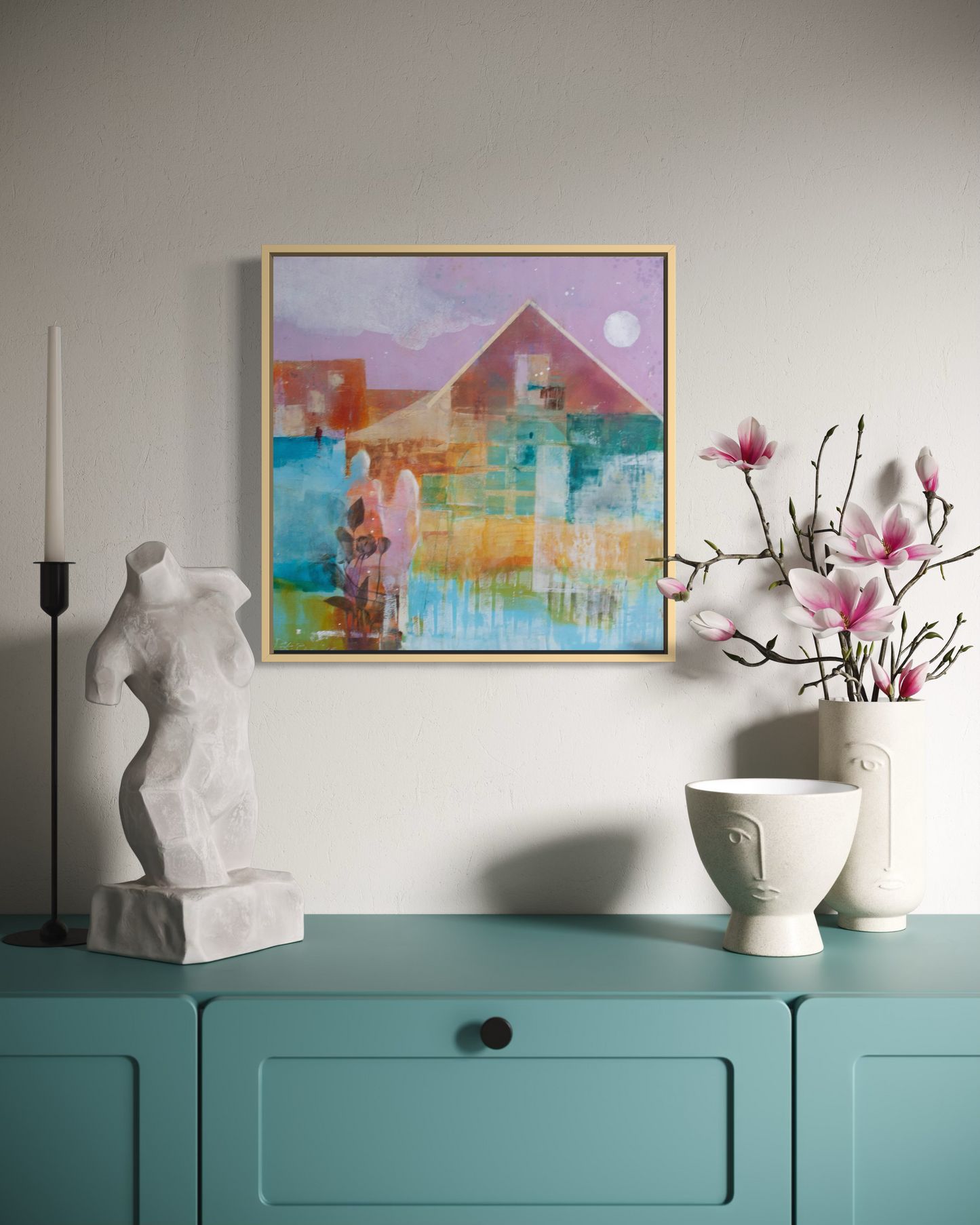 "Their Story" 20X20X2.5 - framed in blond float frame